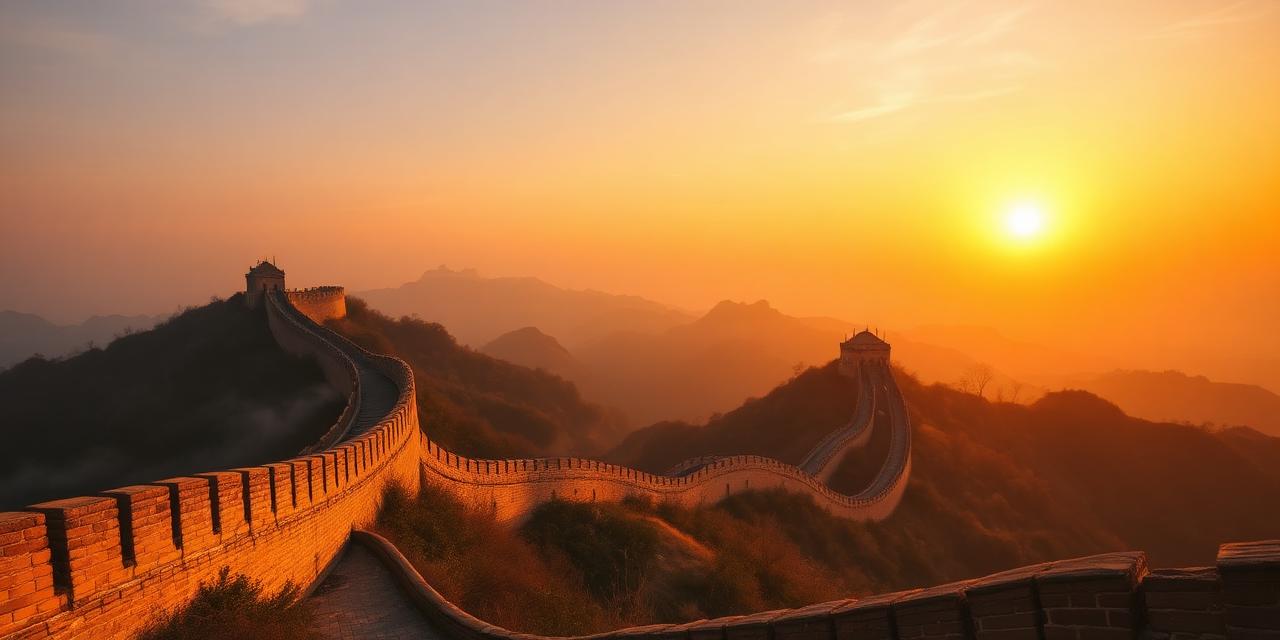 Great Wall of China, ancient fortifications stretching across misty mountains