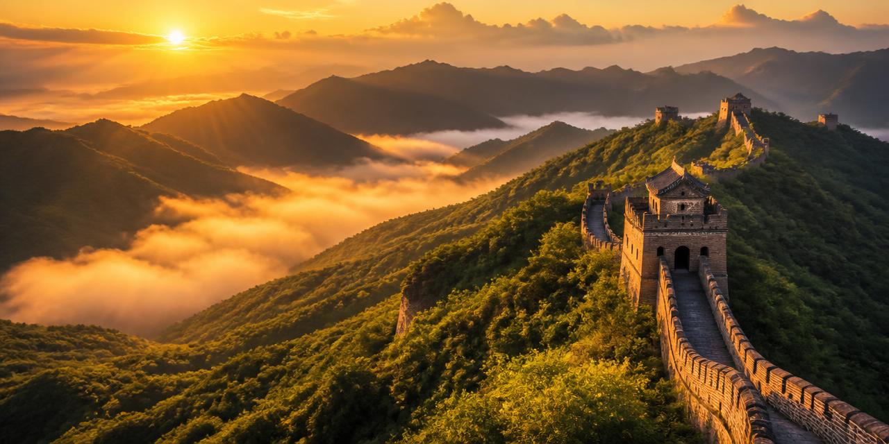 Great Wall at sunrise, golden light over ancient watchtowers and misty valleys