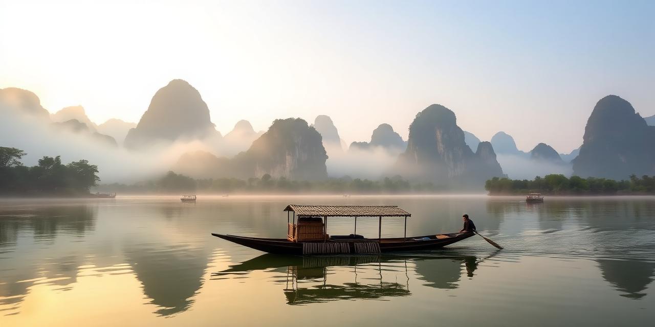 Li River, Guilin, karst peaks and bamboo rafts in a painter's landscape